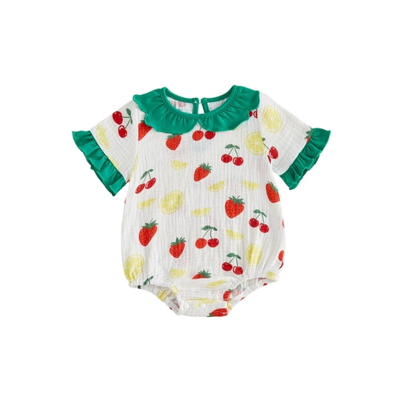 BemeyourBBs Newborn Baby Girl Summer Clothes Bubble Romper Infant Baby Girls Fruit Outfit Short Sleeve Doll Collar Cute Fruits Bow Print Ruffle Trim Decor Bodysuit Jumpsuit Playsuit