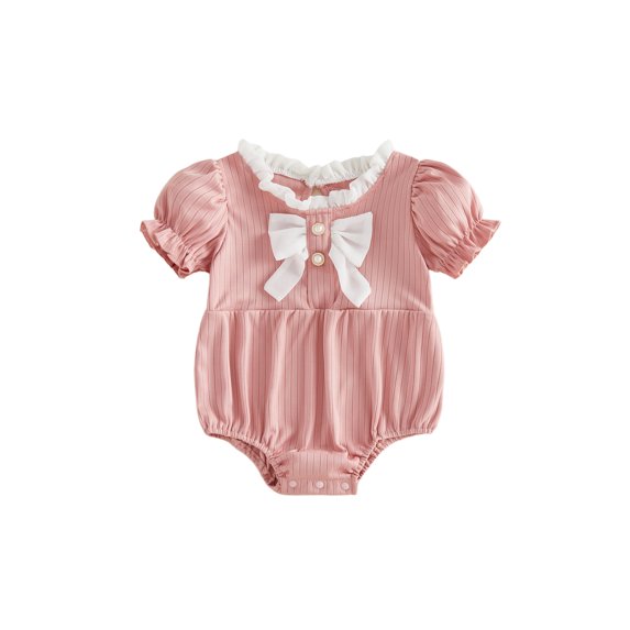BemeyourBBs Newborn Baby Girl Summer Clothes Bubble Rompers 0 3 6 12 18 24 Months Bowknot Decor Front Buttons Ruffled Short Sleeve Infant Princess Bodysuits Jumpsuits Playsuits