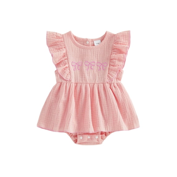 BemeyourBBs Newborn Baby Girl Summer Clothes Cotton Linen Romper Dress Cute Bow Embroidered Ruffled Trim Crew Neck Flying Sleeve A Line Dress