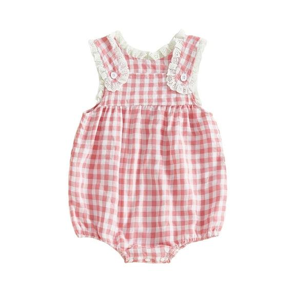 BemeyourBBs Newborn Baby Girl Summer Clothes Gingham Plaid Overall Bubble Romper Lace Trim Sleeveless Jumpsuit One Piece Outfits