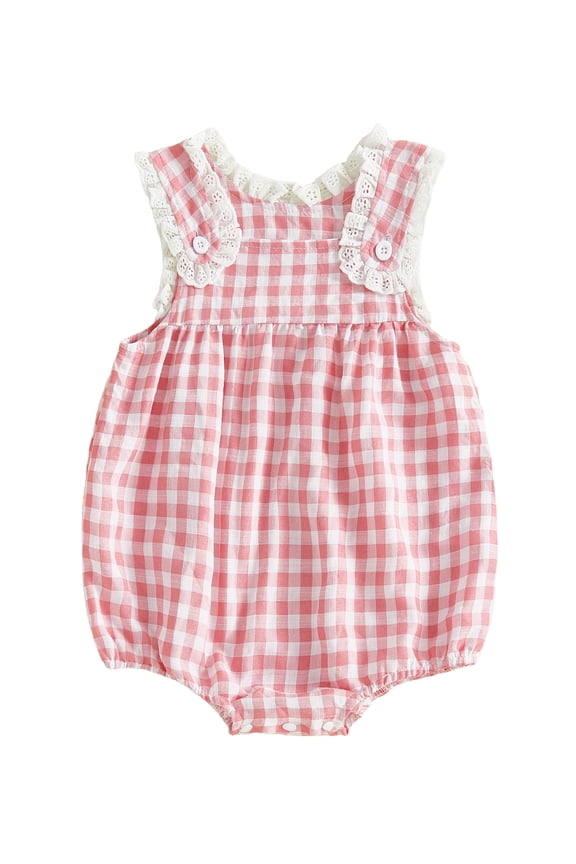 Newborn Baby Girl Summer Clothes Gingham Plaid Overall Bubble Romper Lace Trim Sleeveless Jumpsuit One Piece Outfits