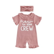 BemeyourBBs Newborn Baby Girl Summer Clothes Hospital Going Home Outfit Baby Girl New To The Crew Romper Letter Embroidered Short Sleeve Waffle Knit Ruffle Jumpsuit Shorts Headband