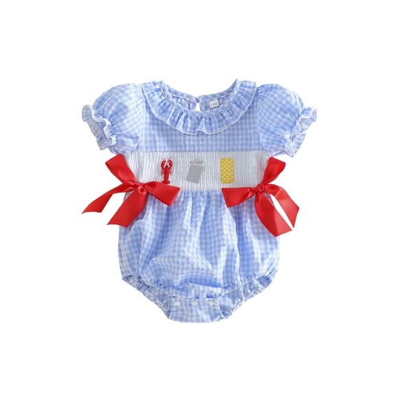BemeyourBBs Newborn Baby Girl Summer Clothes Infant Baby Girl Caryfish Outfit Plaid Smoked Bubble Romper Lobster Embroidery Ruffles Short Sleeve Bodysuits Jumpsuits Playsuit