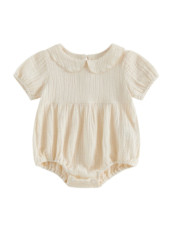 Newborn Baby Girl Summer Clothes Infant Baby Girl Cotton Linen Outfit Bubble Romper Summer Puff Short Sleeve Doll Collar Cute Solid Color Bodysuit Jumpsuit Playsuit