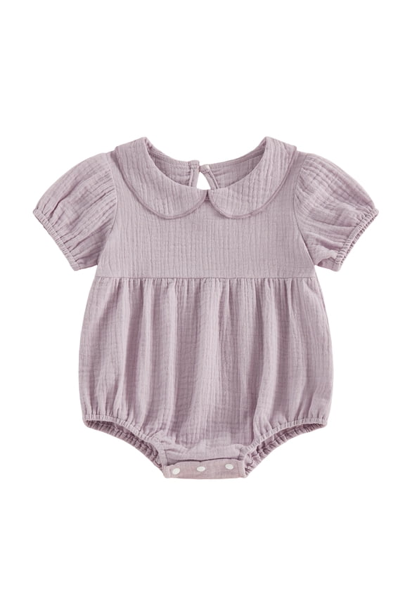 Newborn Baby Girl Summer Clothes Infant Baby Girl Cotton Linen Outfit Bubble Romper Summer Puff Short Sleeve Doll Collar Cute Solid Color Bodysuit Jumpsuit Playsuit