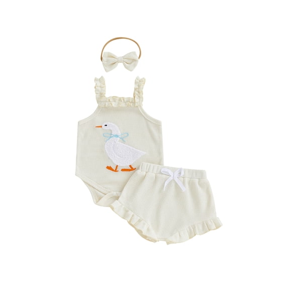 BemeyourBBs Newborn Baby Girl Summer Clothes Infant Baby Girl Duck Outfit Waffle Knit Ruffle Sleeveless Duck Embroidery Romper Bloomers Triangle Shorts Headband Sets