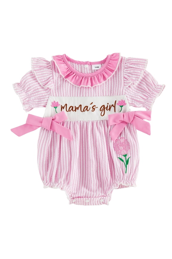 Newborn Baby Girl Summer Clothes Infant Baby Girl Mama's Girl Daddy's Girl Outfit Striped Bubble Romper Letter Heart Flower Embroidery Front Bows Ruffled Short Sleeve Bodysuit Jumpsuit