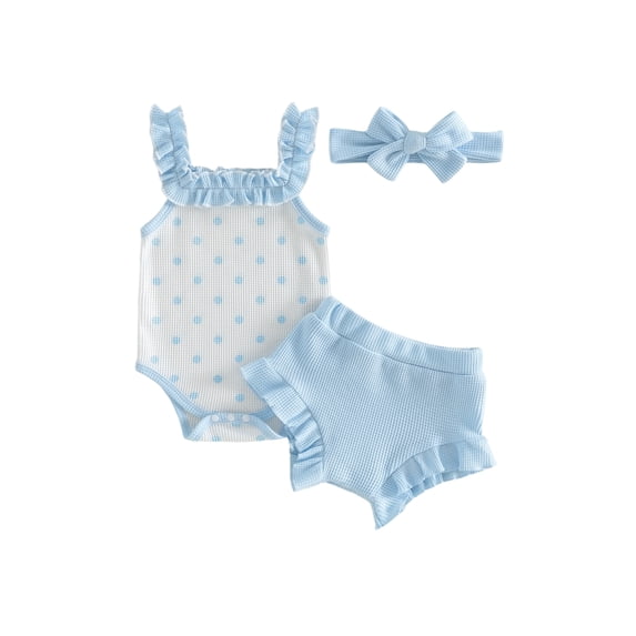 BemeyourBBs Newborn Baby Girl Summer Clothes Infant Baby Girls Waffled Outfit Cute Dot Print Sleeveless Romper with Ruffle Shorts Headband 3Pcs Set Baby Girls Summer Outfit