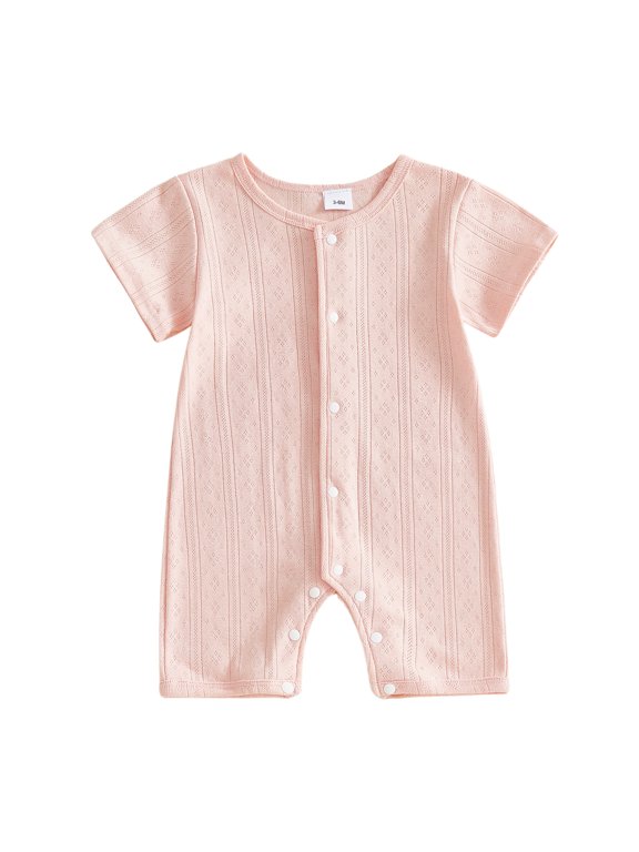 Newborn Baby Girl Summer Clothes Knit One Piece Romper Outfits Infant Crew Neck Short Sleeve Snap Button Knit Jumpsuit