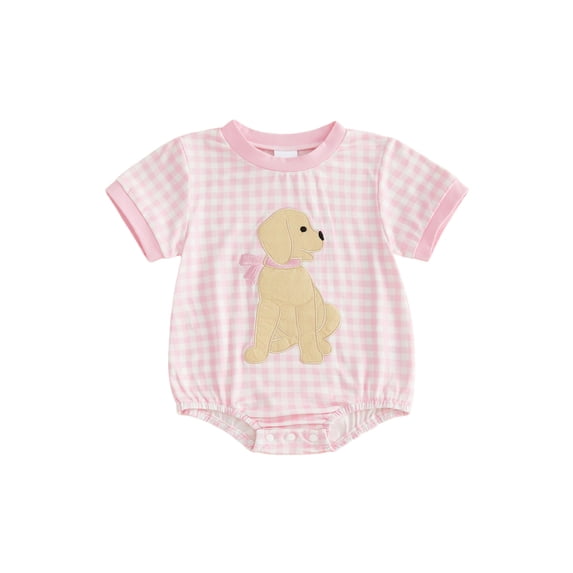 BemeyourBBs Newborn Baby Girl Summer Clothes PInk Plaid Bubble Romper One Piece Outfit Puppy Dog Embroidery Crew Neck Short Sleeve Infant Bodysuits Jumpsuits