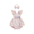 thumbnail image 1 of BemeyourBBs Newborn Baby Girl Summer Clothes Plaid Gingham Romper One Piece Outfit Lace Trim Ice Cream Embroidery Square Neck Fly Sleeve Infant Bodysuits Jumpsuits Playsuit with Headband, 1 of 9