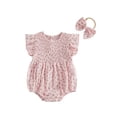 thumbnail image 1 of BemeyourBBs Newborn Baby Girl Summer Clothes Smocked Bubble Romper Cotton Linen Outfits Cherry Floral Print Crew Neck Flying Sleeve Bodysuit and Bow Headband 2 Pcs Set, 1 of 9