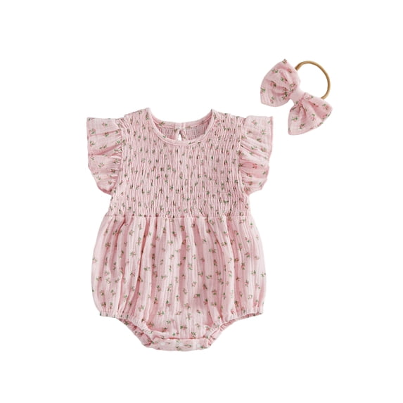 BemeyourBBs Newborn Baby Girl Summer Clothes Smocked Bubble Romper Cotton Linen Outfits Cherry Floral Print Crew Neck Flying Sleeve Bodysuit and Bow Headband 2 Pcs Set