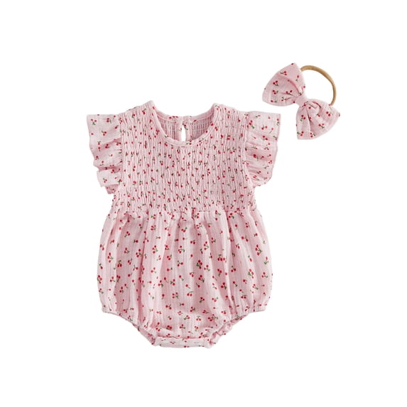 BemeyourBBs Newborn Baby Girl Summer Clothes Smocked Bubble Romper Cotton Linen Outfits Cherry Floral Print Crew Neck Flying Sleeve Bodysuit and Bow Headband 2 Pcs Set