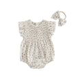 thumbnail image 1 of BemeyourBBs Newborn Baby Girl Summer Clothes Smocked Bubble Romper Cotton Linen Outfits Cherry Floral Print Crew Neck Flying Sleeve Bodysuit and Bow Headband 2 Pcs Set, 1 of 9