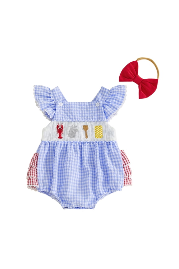 Newborn Baby Girl Summer Clothes Smocked Bubble Romper Overalls Infant Baby Girls Crayfish Outfits Cute Gingham Plaid Lobster Embroidered Flying Sleeve Bodysuit Jumpsuit Playsuit
