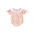 thumbnail image 1 of BemeyourBBs Newborn Baby Girl Summer Clothes Smocked Bubble Romper Sweet Girl Short Sleeve Bow Print Letter Embroidery Bodysuit, 1 of 9