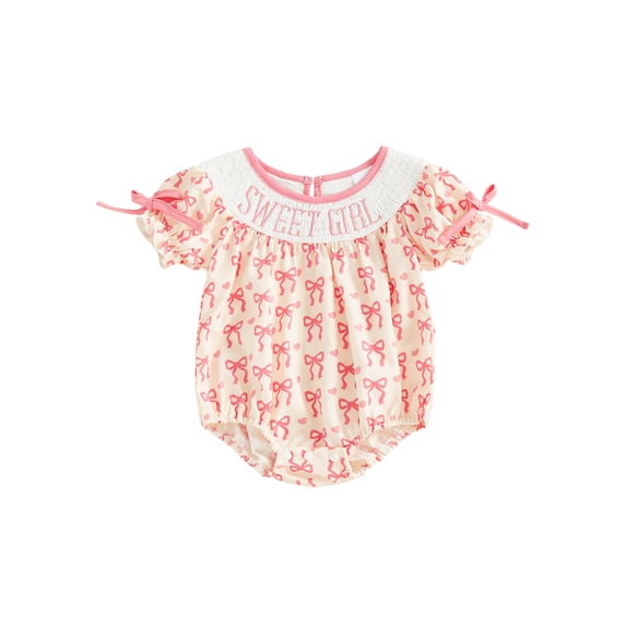 BemeyourBBs Newborn Baby Girl Summer Clothes Smocked Bubble Romper Sweet Girl Short Sleeve Bow Print Letter Embroidery Bodysuit