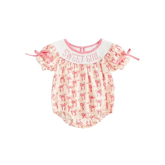 BemeyourBBs Newborn Baby Girl Summer Clothes Smocked Bubble Romper Sweet Girl Short Sleeve Bow Print Letter Embroidery Bodysuit