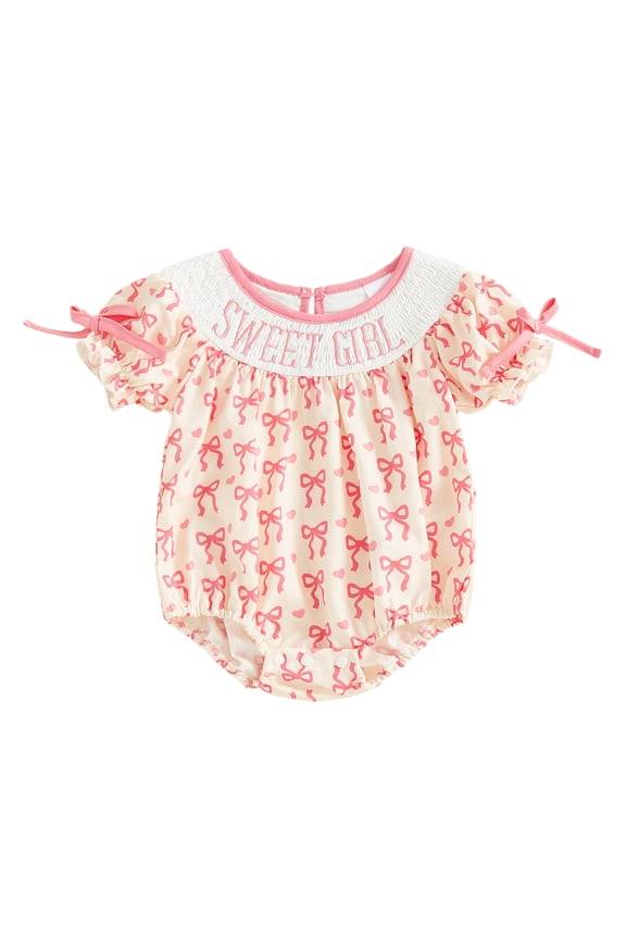 Newborn Baby Girl Summer Clothes Smocked Bubble Romper Sweet Girl Short Sleeve Bow Print Letter Embroidery Bodysuit