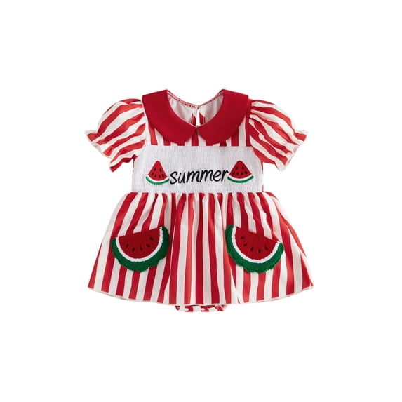 BemeyourBBs Newborn Baby Girl Summer Clothes Smocked Romper Dress Infant Baby Girls Summer Watermelon Dress Outfit Cute Embroidery Collar Short Bubble Sleeve Striped Dot Print Jumpsuit Playsuit