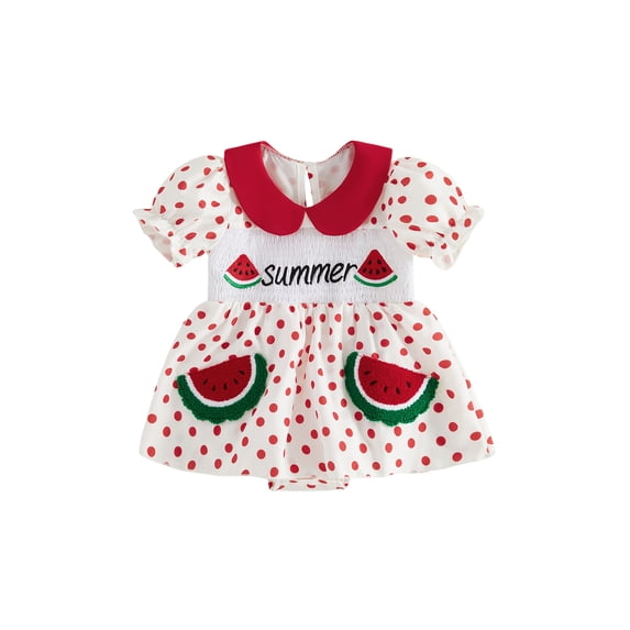 BemeyourBBs Newborn Baby Girl Summer Clothes Smocked Romper Dress Infant Baby Girls Summer Watermelon Dress Outfit Cute Embroidery Collar Short Bubble Sleeve Striped Dot Print Jumpsuit Playsuit
