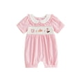 thumbnail image 1 of BemeyourBBs Newborn Baby Girl Summer Clothes Western Baby Girl Cowgirl Outfit Pink Plaid Romper 0 3 6 12 18 Months Short Sleeve Doll Collar Cowgirl Themed Embroidery Print Smocked Jumpsuit, 1 of 9