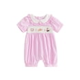 thumbnail image 1 of BemeyourBBs Newborn Baby Girl Summer Clothes Western Baby Girl Cowgirl Outfit Pink Plaid Romper 0 3 6 12 18 Months Short Sleeve Doll Collar Cowgirl Themed Embroidery Print Smocked Jumpsuit, 1 of 9