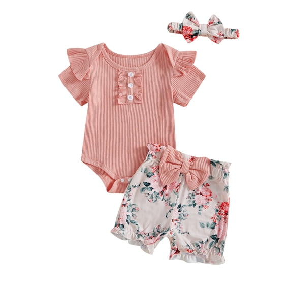 BemeyourBBs Newborn Baby Girl Summer Outfits Cute Infant Baby Girl Clothes Solid Color Ribbed Knit Short Sleeve Romper Front Bow Floral Cow Print Shorts Set Headband 3Pcs