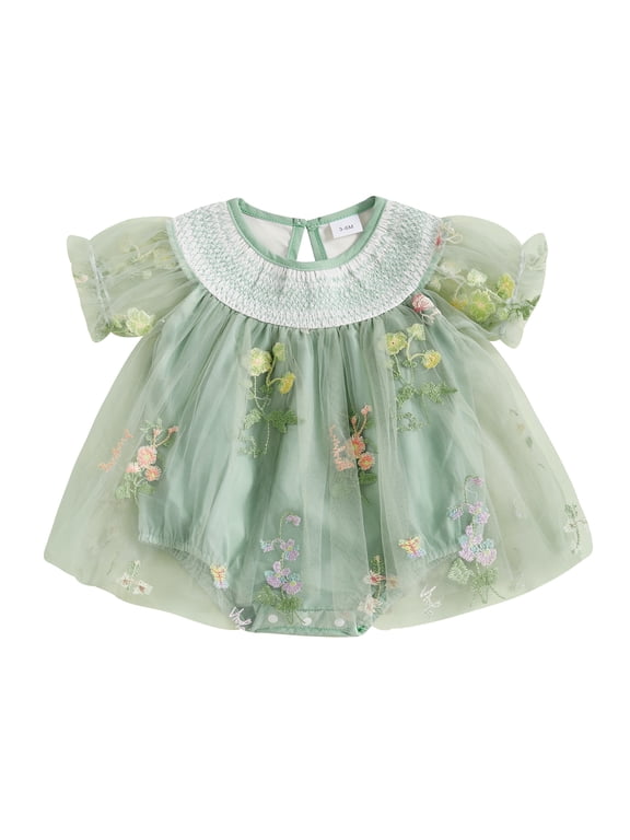 Newborn Baby Girl Summer Romper Tulle Tutu Dress Infant Girl Baptism Birthday Wedding Party Dress Flower Embroidery Patchwork Mesh Short Sleeve Bodysuit Playsuit Clothes