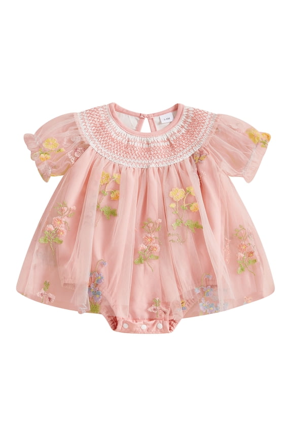 Newborn Baby Girl Summer Romper Tulle Tutu Dress Infant Girl Baptism Birthday Wedding Party Dress Flower Embroidery Patchwork Mesh Short Sleeve Bodysuit Playsuit Clothes