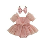 BemeyourBBs Newborn Baby Girl Tulle Tutu Dress Romper Dress Baptism Dresses Sleeveless Knot Front Pleated Bodysuit Mesh Princess Wedding Guest Dress Outfits