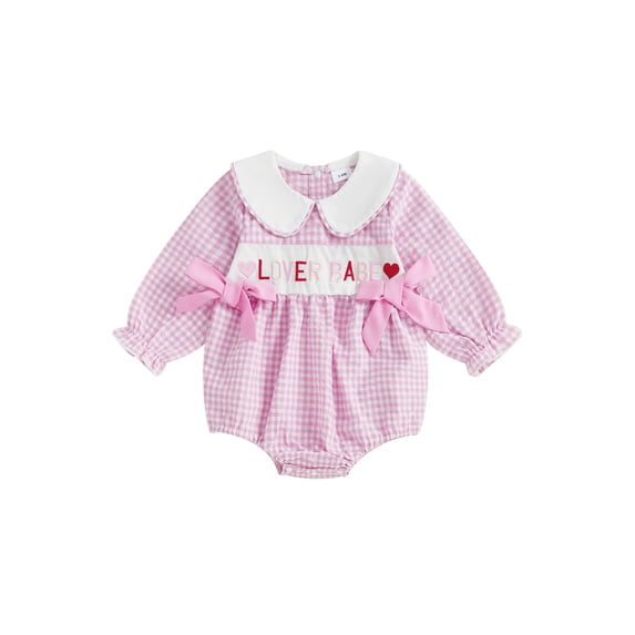 BemeyourBBs Newborn Baby Girl Valentines Day Outfit Gingham Plaid Bubbel Rompers Puff Long Sleeve Letters Embroidery Bow Decor Bubble Bodysuit Infant Spring Clothes