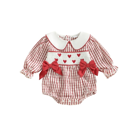 BemeyourBBs Newborn Baby Girl Valentines Day Outfit Gingham Plaid Bubbel Rompers Puff Long Sleeve Letters Embroidery Bow Decor Bubble Bodysuit Infant Spring Clothes