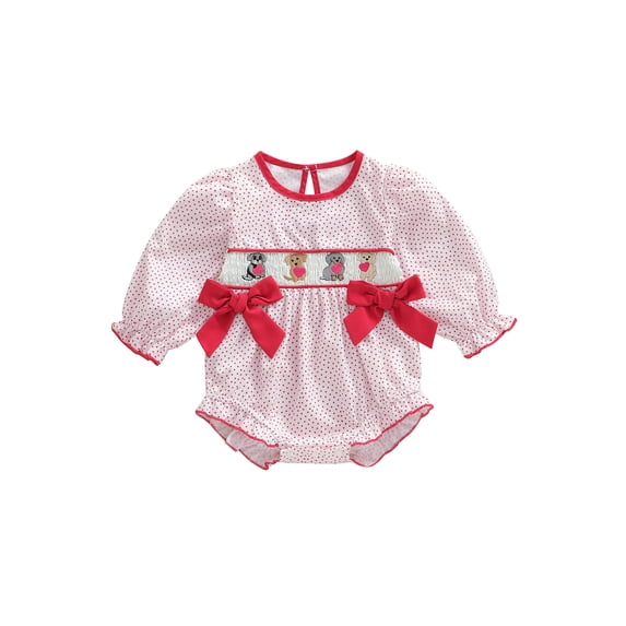 BemeyourBBs Newborn Baby Girl Valentines Day Outfit Polka Dot Bubble Romper Dog Heart Embroidered Long Sleeve Smocked Bodysuit Spring Clothes