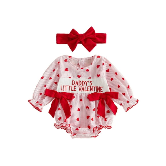 BemeyourBBs Newborn Baby Girl Valentines Day Outfits Daddy's Little Valentine Gingham Plaid Smocked Bubble Romepr Heart Letters Embroidery Bodysuit with Headband Cute Infant Spring Clothes