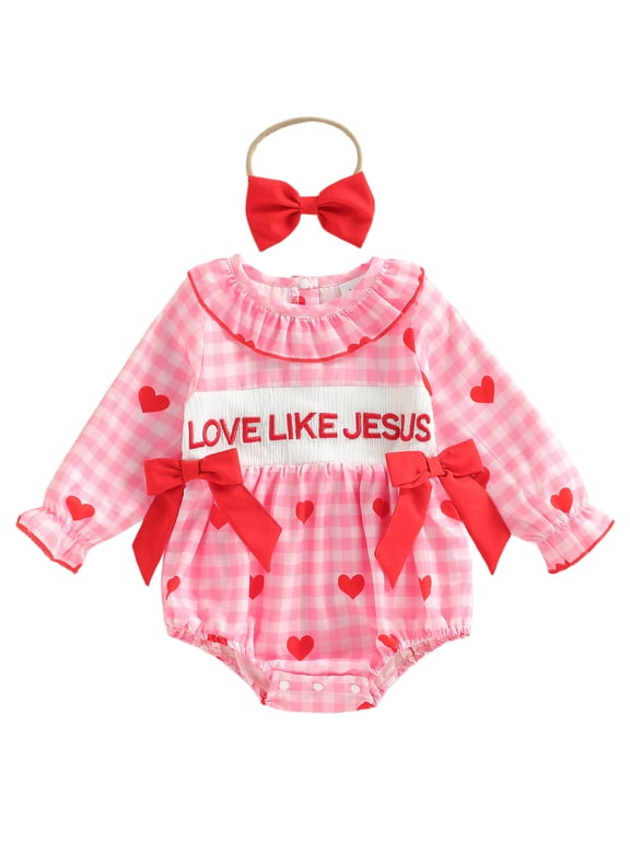 Newborn Baby Girl Valentines Day Outfits Love Like Jesus Gingham Plaid Smocked Bubble Romepr Heart Letters Embroidery Bodysuit with Headband Cute Infant Spring Clothes