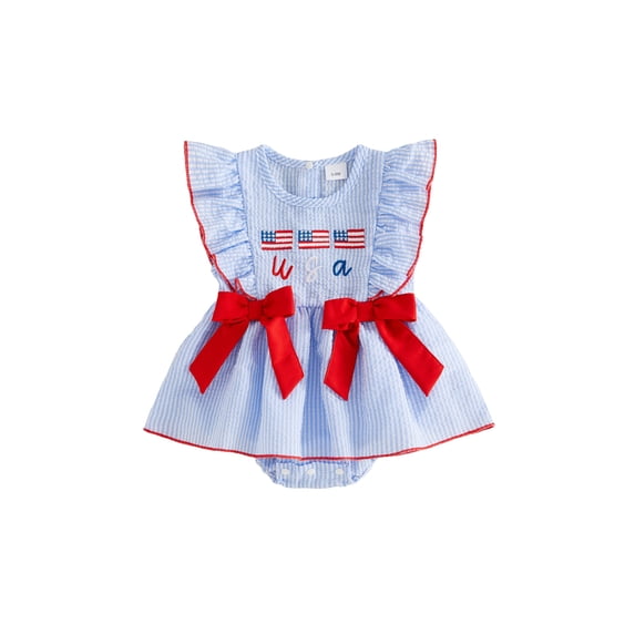 BemeyourBBs Newborn Baby Girls 4th of July Romper Dress Outfit Patriot Independence Day Summer Clothe Flag Letter Embroidery Flying Short Sleeve Crew Neck Striped Bodysuit Playsuit Dress