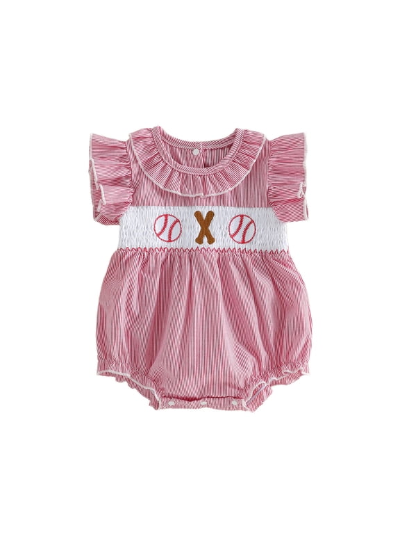 Newborn Baby Girls Baseball Outfit Smocked Bubble Romper Ruffle Fly Sleeve Crew Neck Stripes Embroidery Baseball Infant Bodysuit Cute Infant Girl Summer Clothes