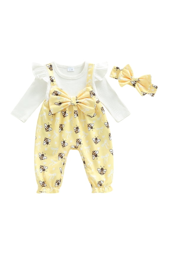 Newborn Baby Girls Bee Outfit Bee Print Ruffle Long Sleeve Romper Jumpsuit with Bowknot Headband Fall Spring Clothes