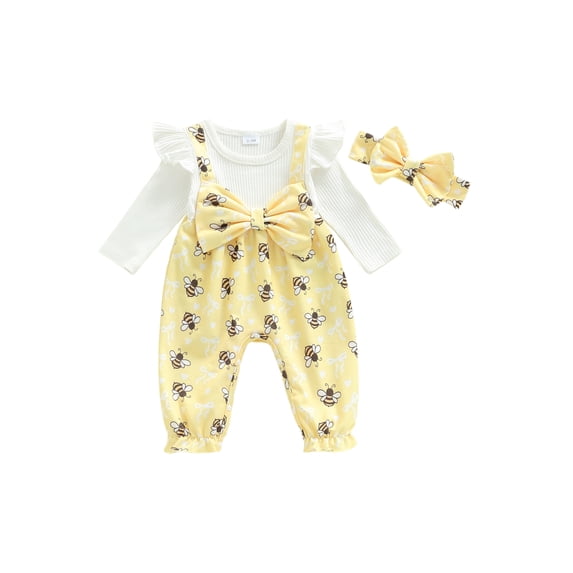 BemeyourBBs Newborn Baby Girls Bee Outfit Cute Bee Print Ruffle Long Sleeve Romper Fake Two-Piece Jumpsuit with Bowknot Headband Inffant Baby Girl Fall Winter Spring Clothes