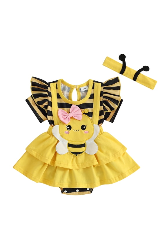 Newborn Baby Girls Bee Outfits Baby Girl Halloween Animal Romper Dress Short Sleeve Romper Playsuit Headband Cute Infant Baby Girl Spring Fall Summer Clothes
