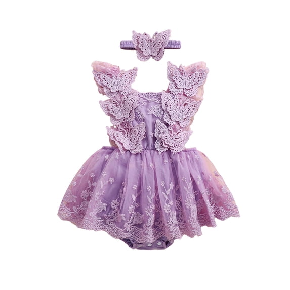 BemeyourBBs Newborn Baby Girls Birthday Dress Romper Princess Baptism Outfit Wedding Party Dress Lace Butterfly Fly Sleeve Mesh Skirt Hem Backless Jumpsuits Playssuit with Headband