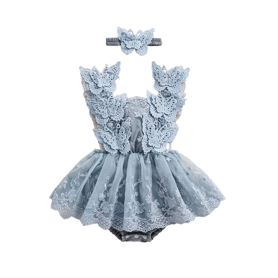 BemeyourBBs Newborn Baby Girls Birthday Dress Romper Princess Baptism Outfit Wedding Party Dress Lace Butterfly Fly Sleeve Mesh Skirt Hem Backless Jumpsuits Playssuit with Headband