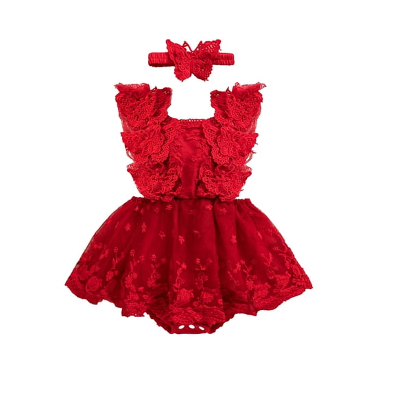 BemeyourBBs Newborn Baby Girls Birthday Dress Romper Princess Baptism Outfit Wedding Party Dress Lace Butterfly Fly Sleeve Mesh Skirt Hem Backless Jumpsuits Playssuit with Headband