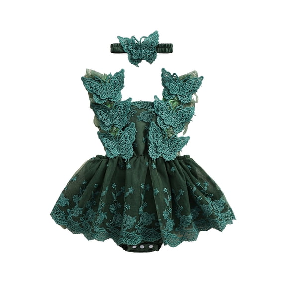 BemeyourBBs Newborn Baby Girls Birthday Dress Romper Princess Baptism Outfit Wedding Party Dress Lace Butterfly Fly Sleeve Mesh Skirt Hem Backless Jumpsuits Playssuit with Headband