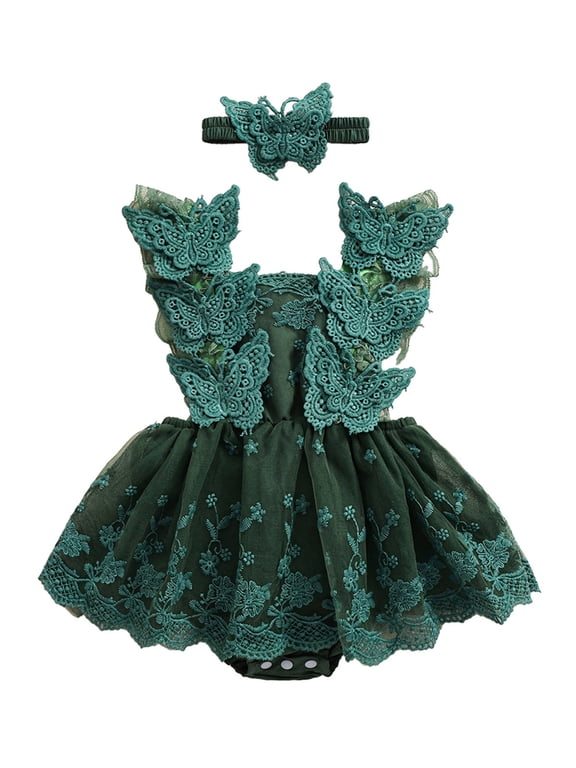 Newborn Baby Girls Birthday Dress Romper Princess Baptism Outfit Wedding Party Dress Lace Butterfly Fly Sleeve Mesh Skirt Hem Backless Jumpsuits Playssuit with Headband