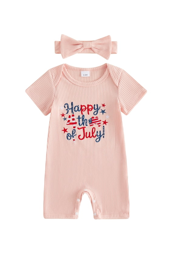 Newborn Baby Girls Boys My First 4th of July Outfits Baby Boy Girl Independent Day Summer Clothes Ribbed Romper Patriot Letter Star Embroidery Short Sleeve Jumpsuit Playsuit Headband