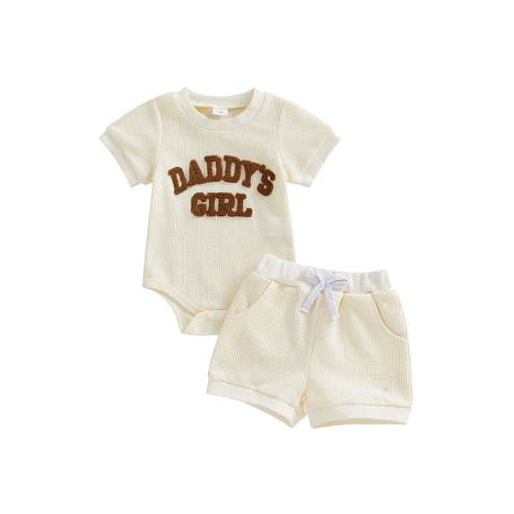 BemeyourBBs Newborn Baby Girls Daddy's Girl Outfits Summer Clothes Waffle Knit Letter Embroidery Short Sleeve Romper and Elastic Waist Shorts Set