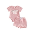 thumbnail image 1 of BemeyourBBs Newborn Baby Girls Daddy's Girl Outfits Summer Clothes Waffle Knit Letter Embroidery Short Sleeve Romper and Elastic Waist Shorts Set, 1 of 9